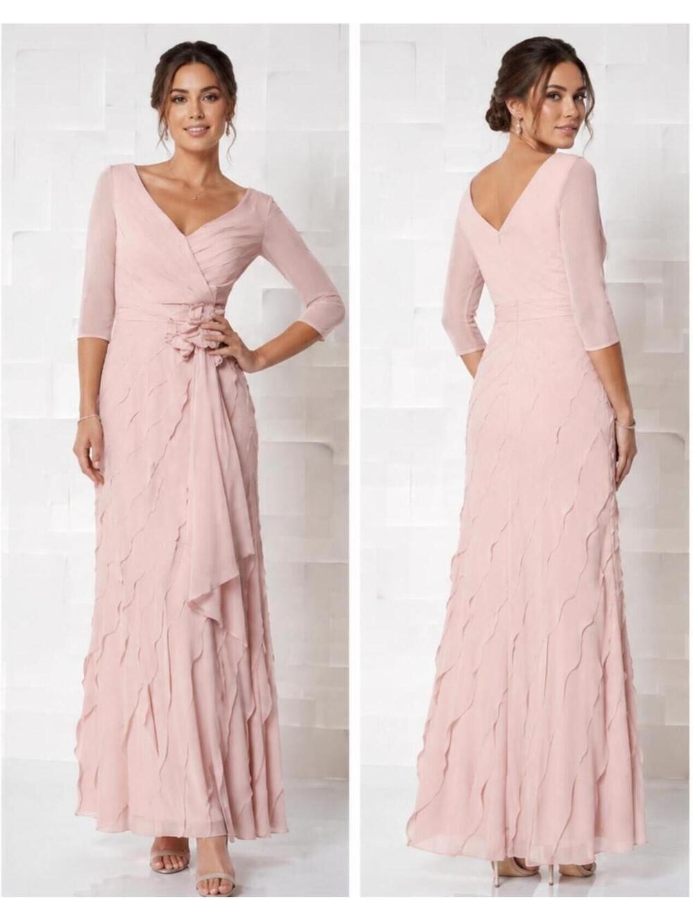 Mon Cheri Blush Pink Chiffon Ruffle Evening Gown Formal sz 8 Long Sleeve NWT